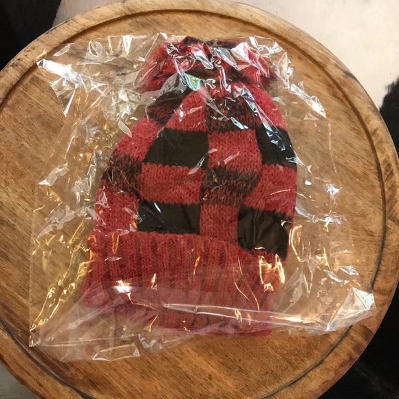 Natasha Buffalo Red Plaid Pom Pom Faux Fur Beanie - Picture 8 of 8